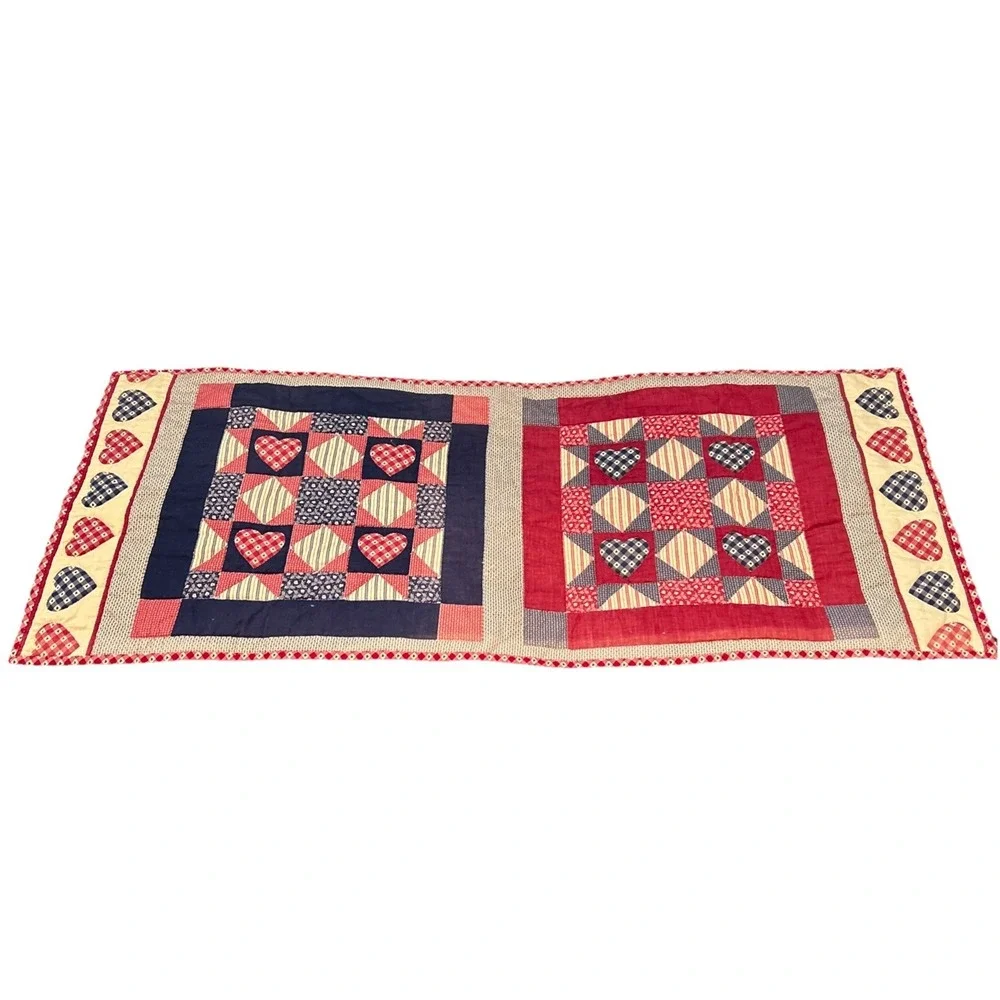 Vintage Quilted Table Runner Patriotic Heart Patchwork Red White‎ Blue 42x16